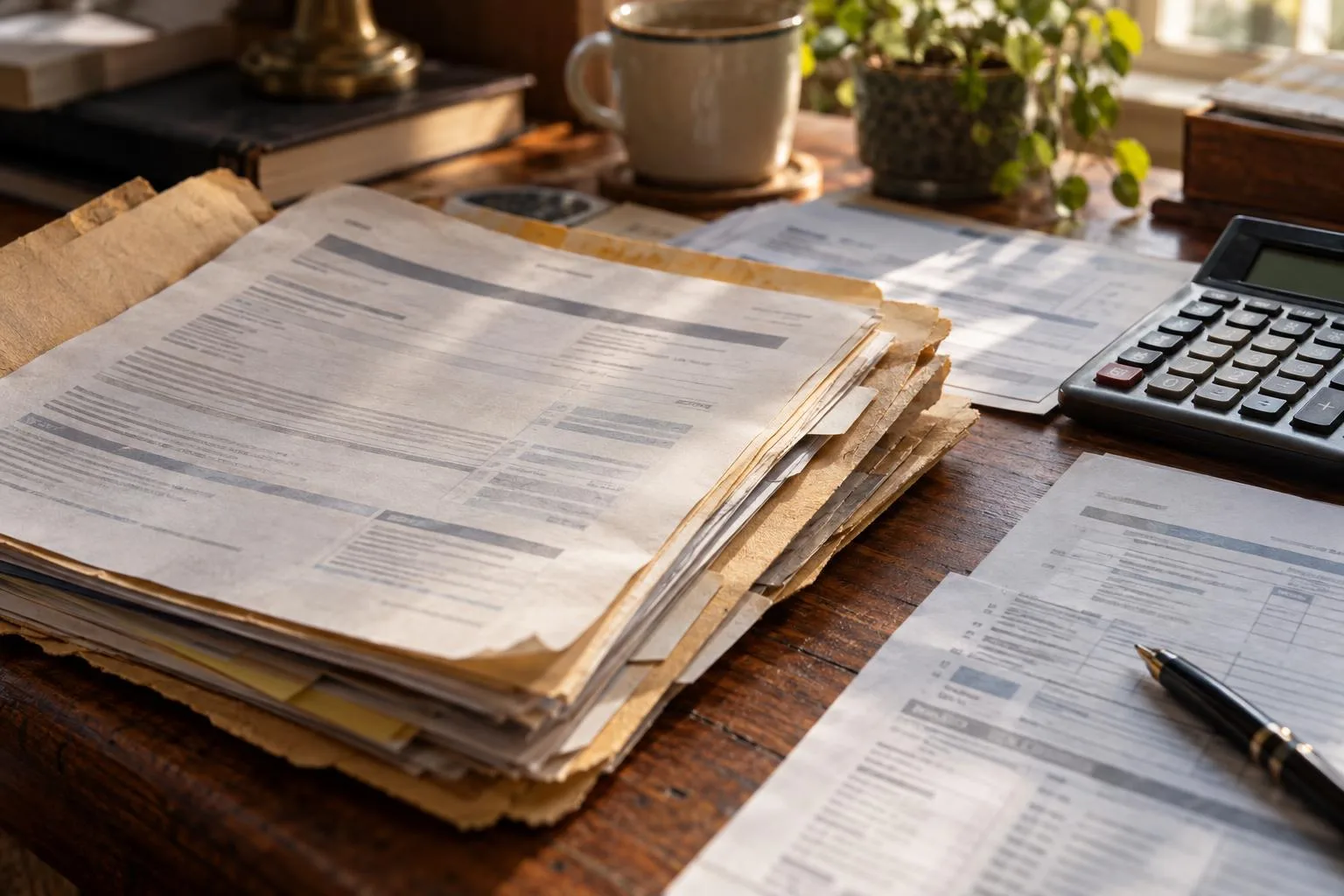 Close-up of Prudential settlement documents in a file folder beside a calculator and tax forms.