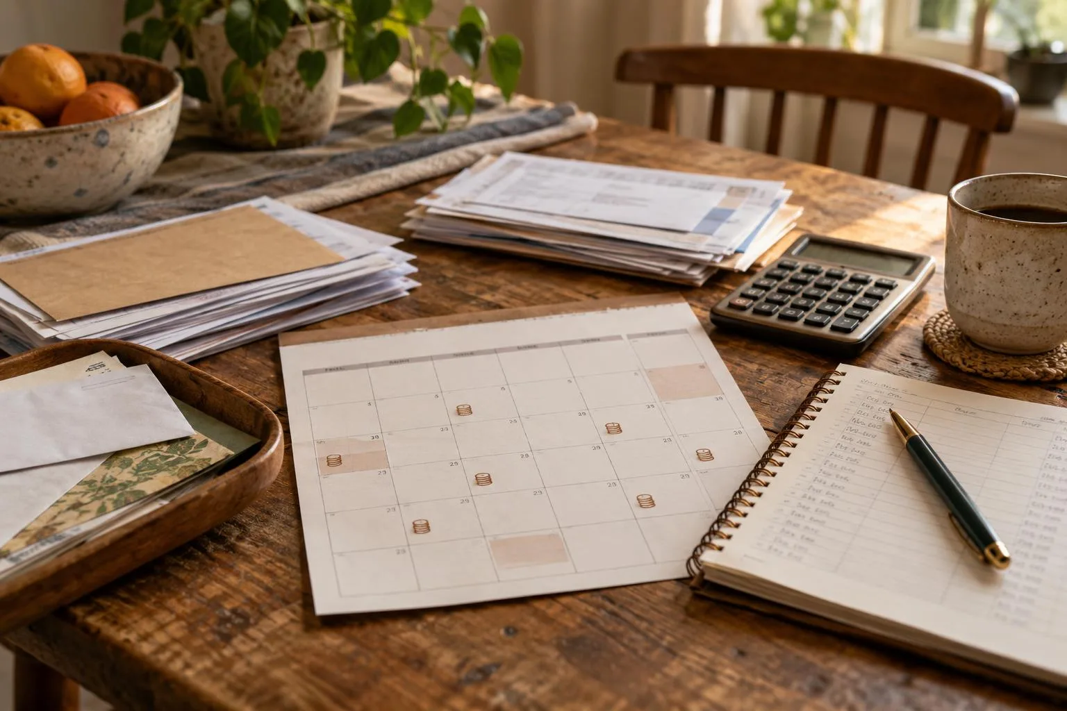 Prudential annuity payment calendar marked with recurring deposits beside household bills and a savings ledger.