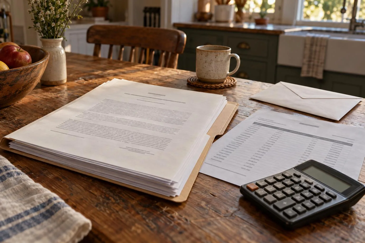Prudential structured settlement agreement beside calculator, payment schedule, and sealed envelope on a kitchen table.