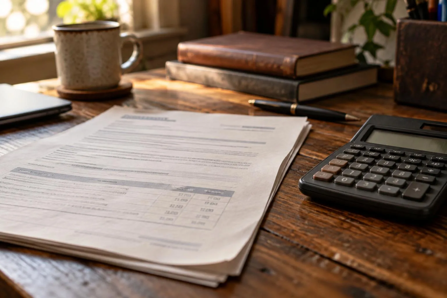 Pre-settlement funding disclosure showing repayment terms beside a calculator on a worn home office desk.