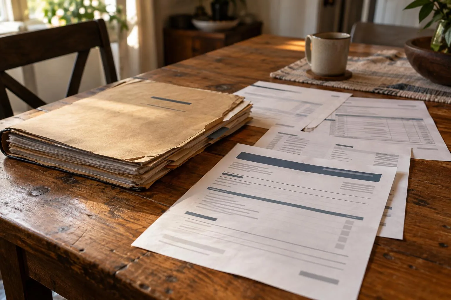 Personal injury case folder beside a settlement funding application and medical invoices on a dining table.