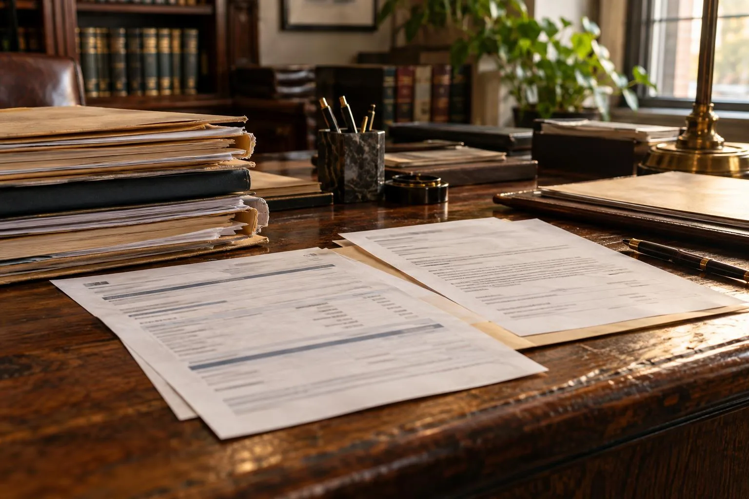 Attorney\u2019s desk with a settlement disbursement statement, funding payoff letter, and stacked case files.