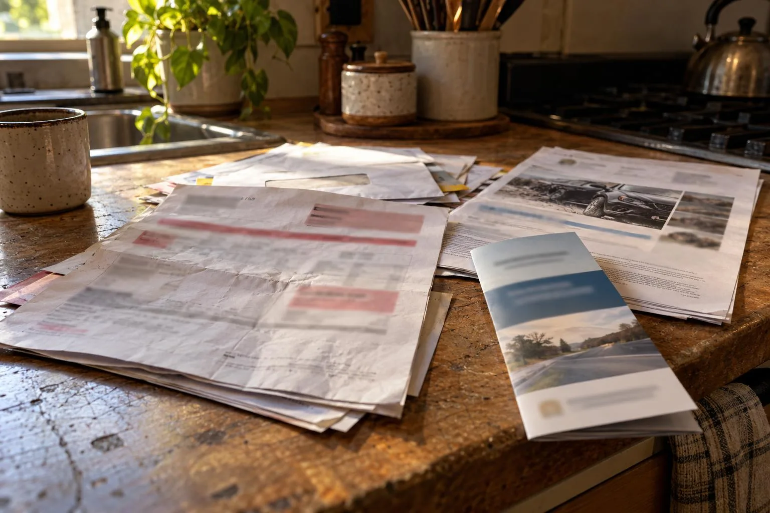 Kitchen counter with overdue rent notices, accident paperwork, and a brochure explaining nonrecourse settlement funding.