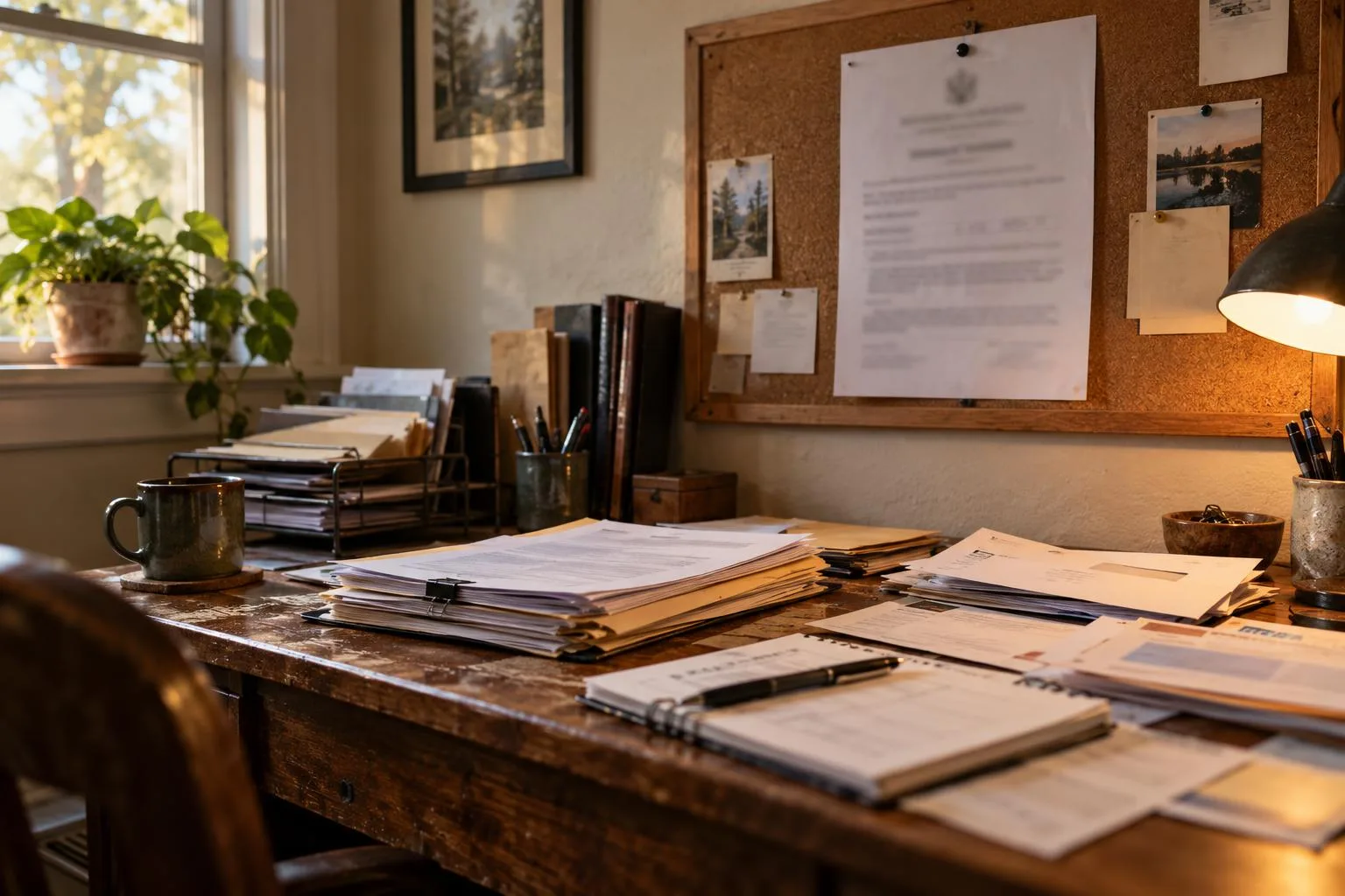 Home office bulletin board holding a court scheduling notice above settlement advance paperwork and household bills.