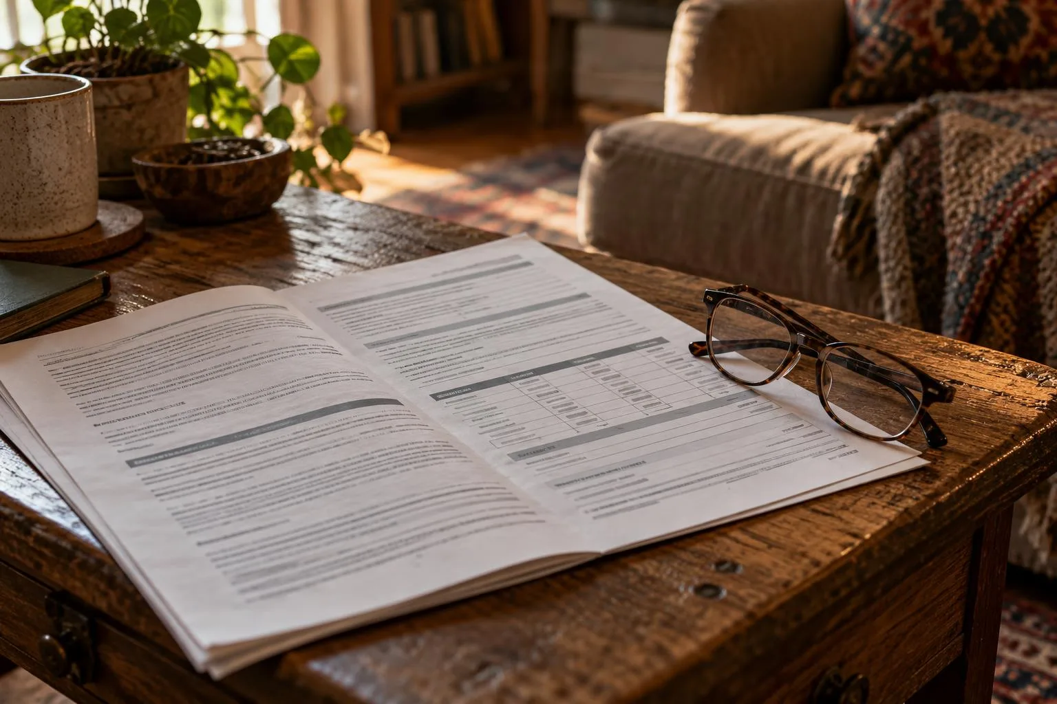 Settlement funding contract open to its fee provisions beside reading glasses on a living room table.