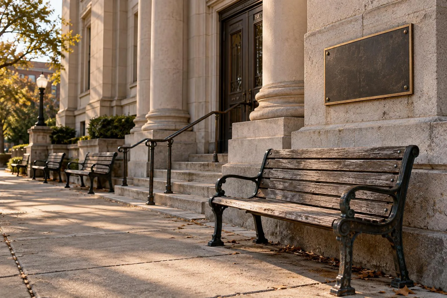 County courthouse exterior with a civil court entrance sign and empty benches beside the walkway.