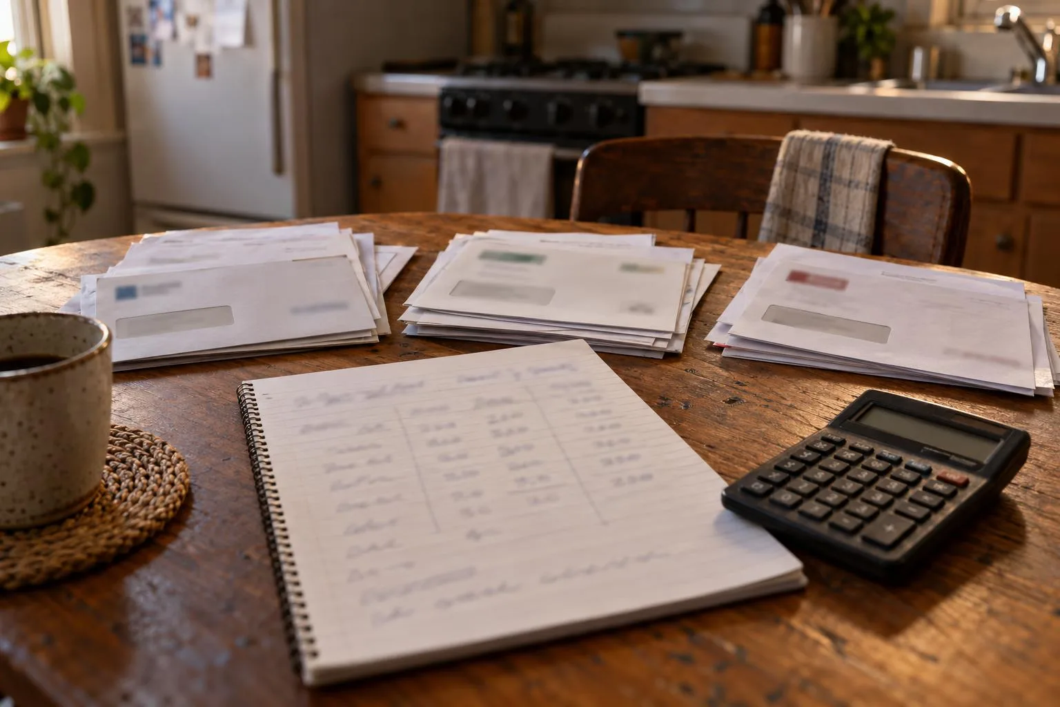Competing settlement advance offers beside a handwritten repayment comparison and calculator on an apartment kitchen table.