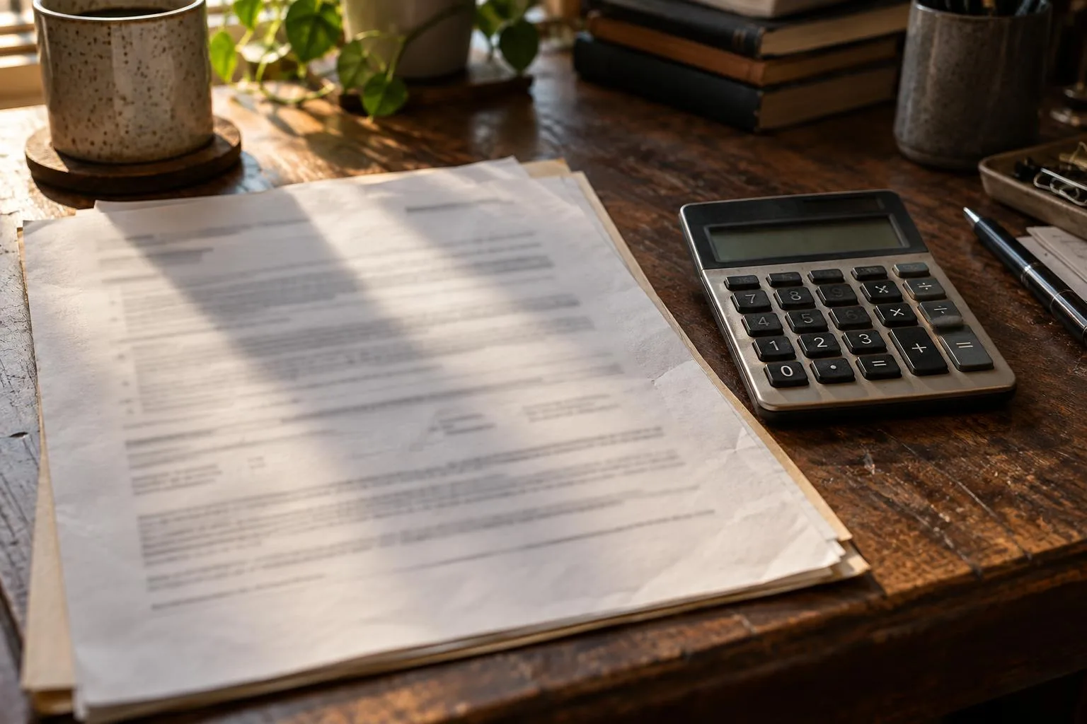 Pre-settlement funding disclosure showing repayment terms beside a calculator on a worn home office desk.