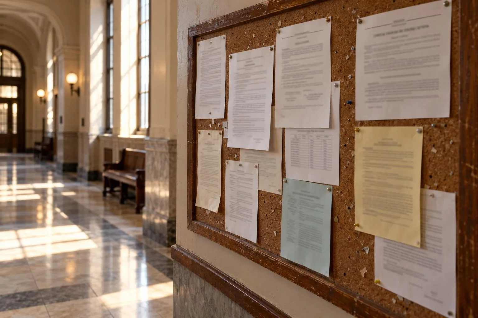 A courthouse hallway bulletin board displaying civil case notices and settlement-related paperwork.