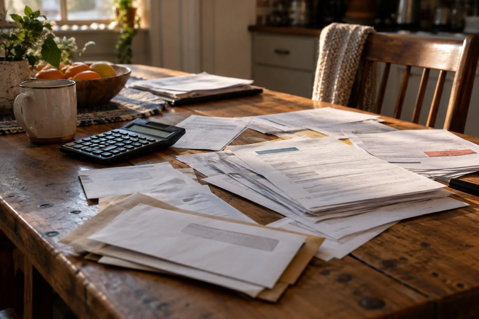 A kitchen table with medical bills, settlement documents, calculator, and monthly household expenses.