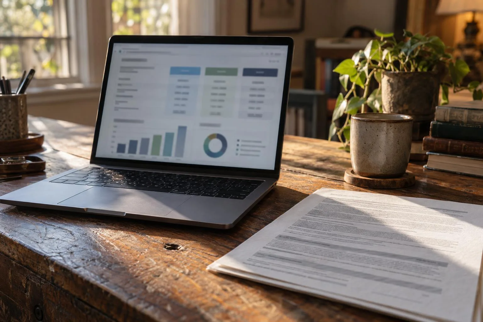 A laptop showing a settlement funding comparison page beside a printed disclosure statement.