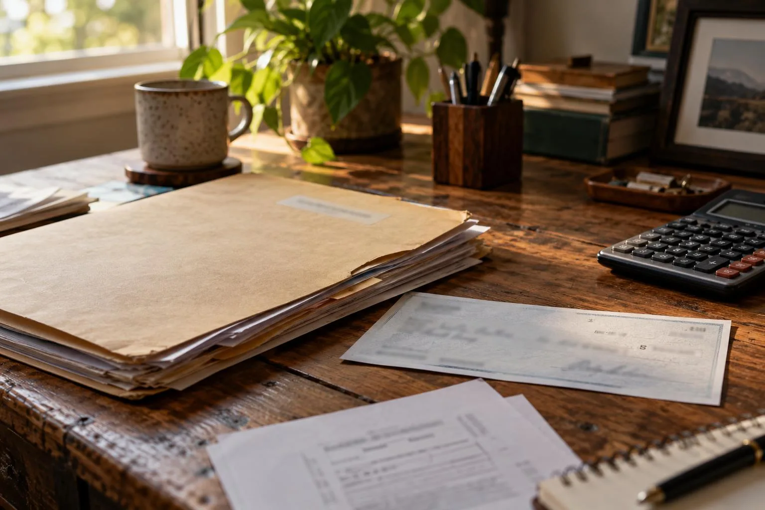 An insurance claim file, settlement check copy, and calculator arranged on a home office desk.