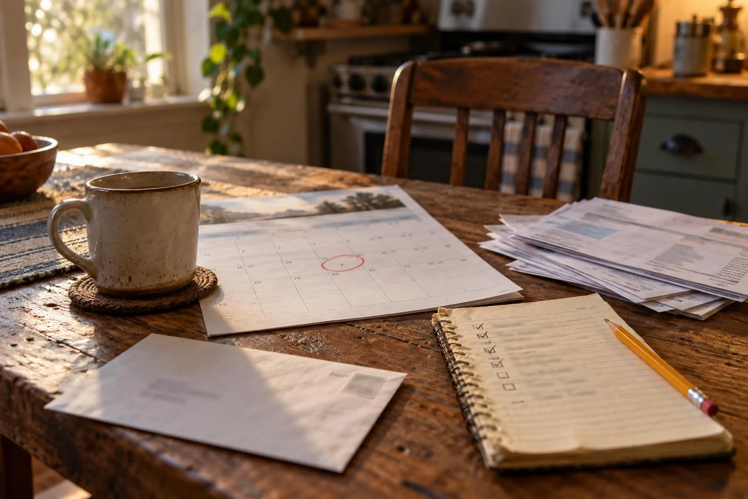 A calendar marked \u201csettlement payment\u201d beside utility bills and an emergency expense list.