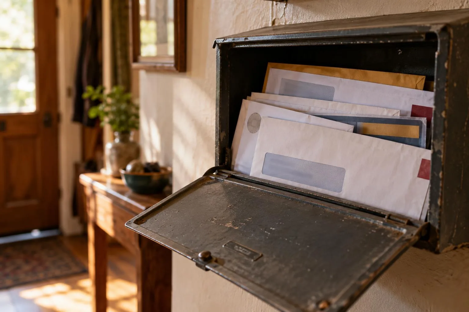 A mailbox containing legal correspondence, insurance letters, and settlement funding advertisements.
