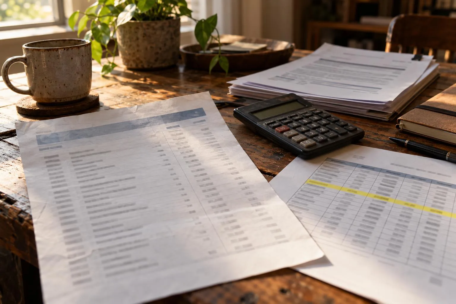 A bank statement printout beside settlement paperwork, calculator, and a highlighted repayment schedule.