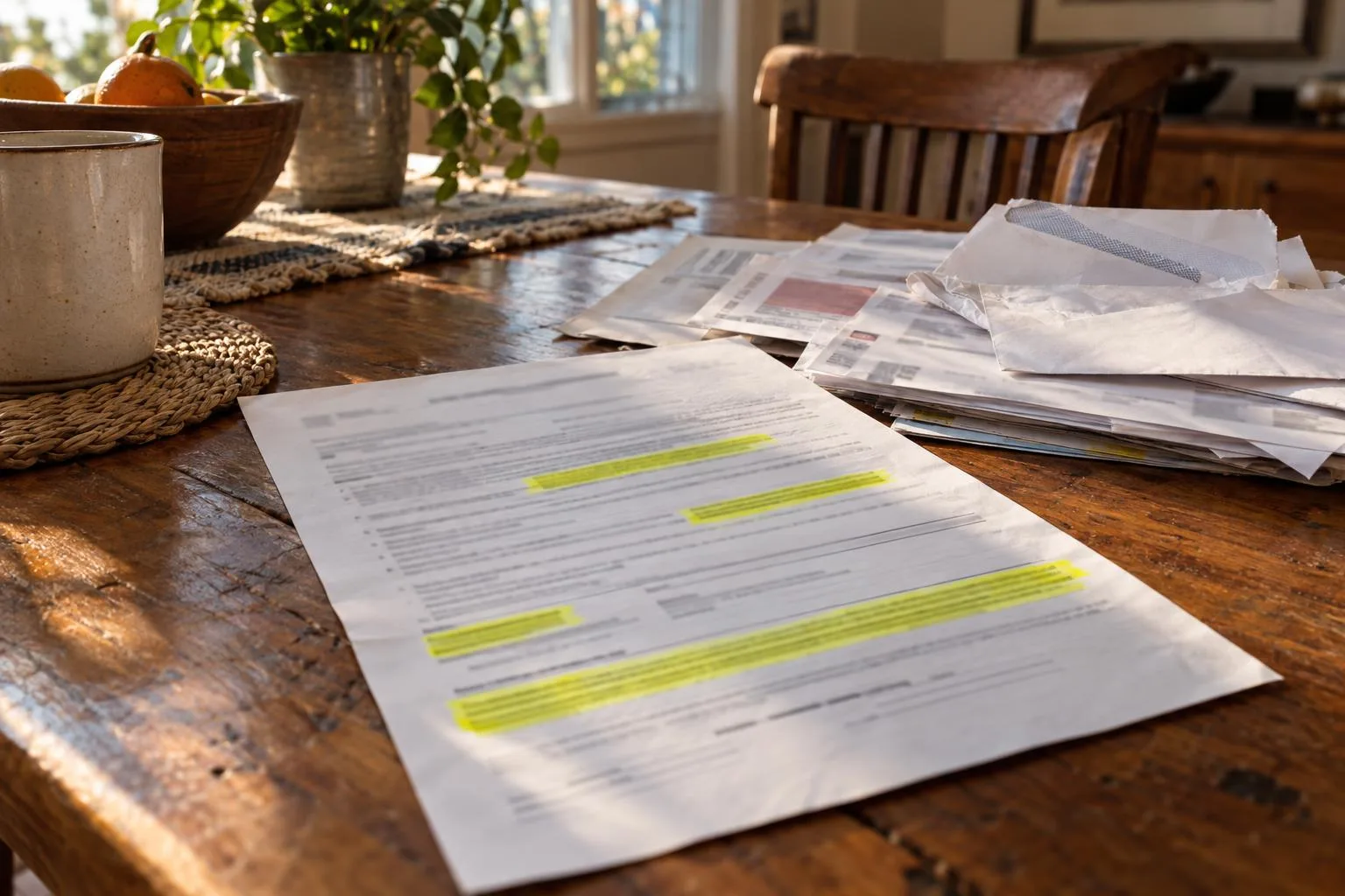 Pre-settlement funding agreement with highlighted repayment terms beside unpaid household bills on a dining table.