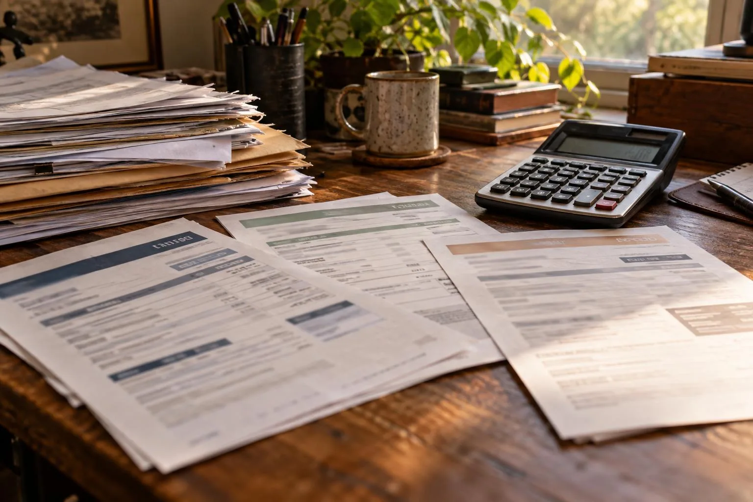 Competing lawsuit funding proposals beside a calculator and legal correspondence on a home office desk.