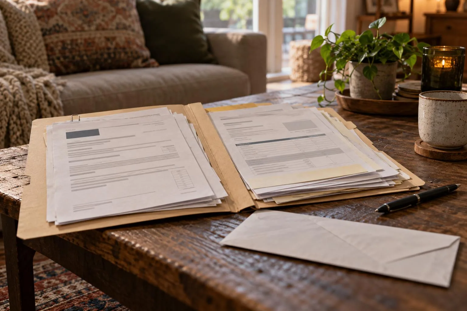 Attorney correspondence and a settlement advance application inside an open folder on a living room table.