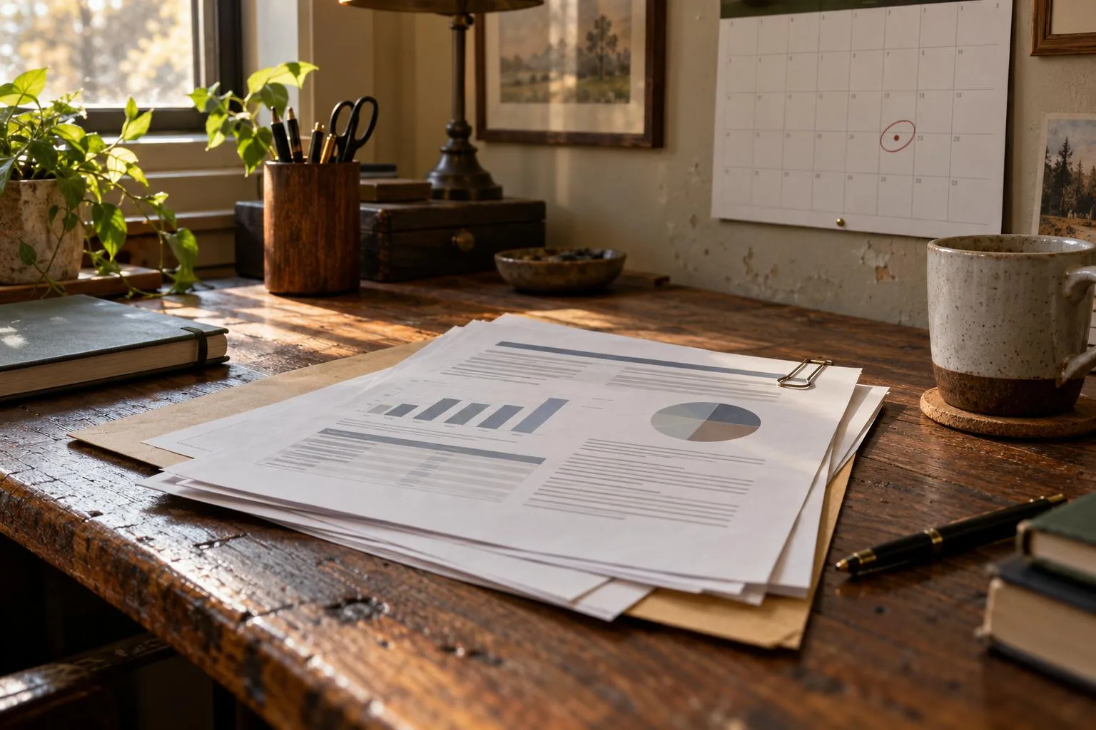 Settlement funding disclosure sheets beside a wall calendar marking an upcoming mediation date in a home office.