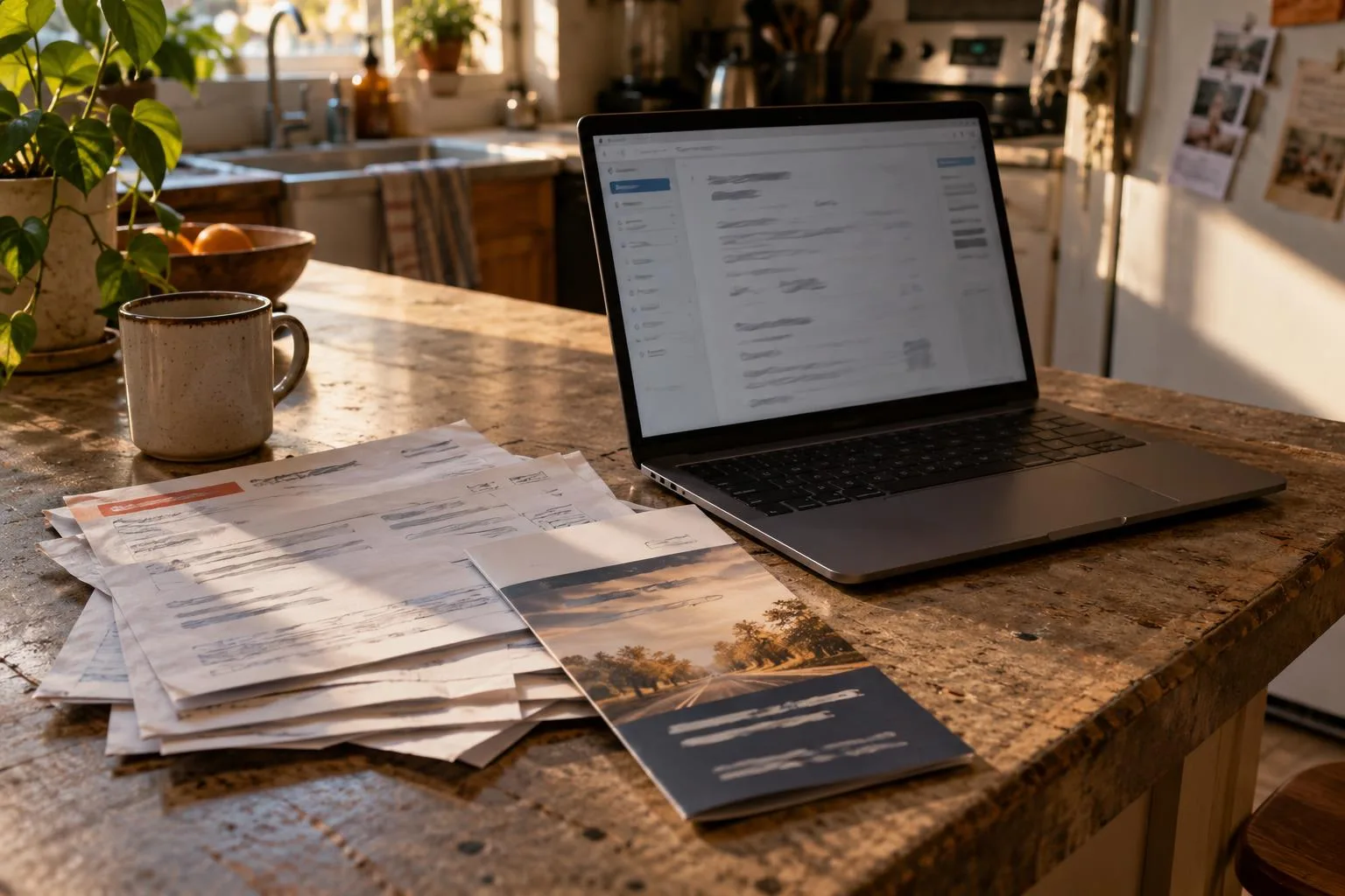 Medical bills and a lawsuit cash advance brochure beside a laptop on an apartment counter.