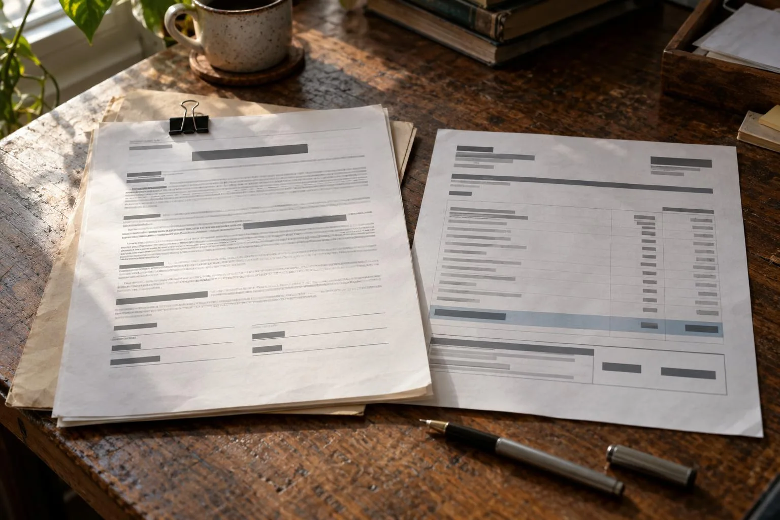 Settlement disbursement statement showing a funding payoff beside the original advance contract on a desk.