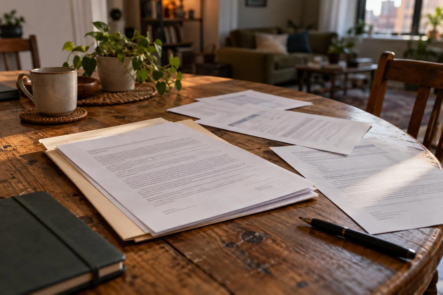 Nonrecourse settlement funding contract beside case status letters on a small apartment dining table.