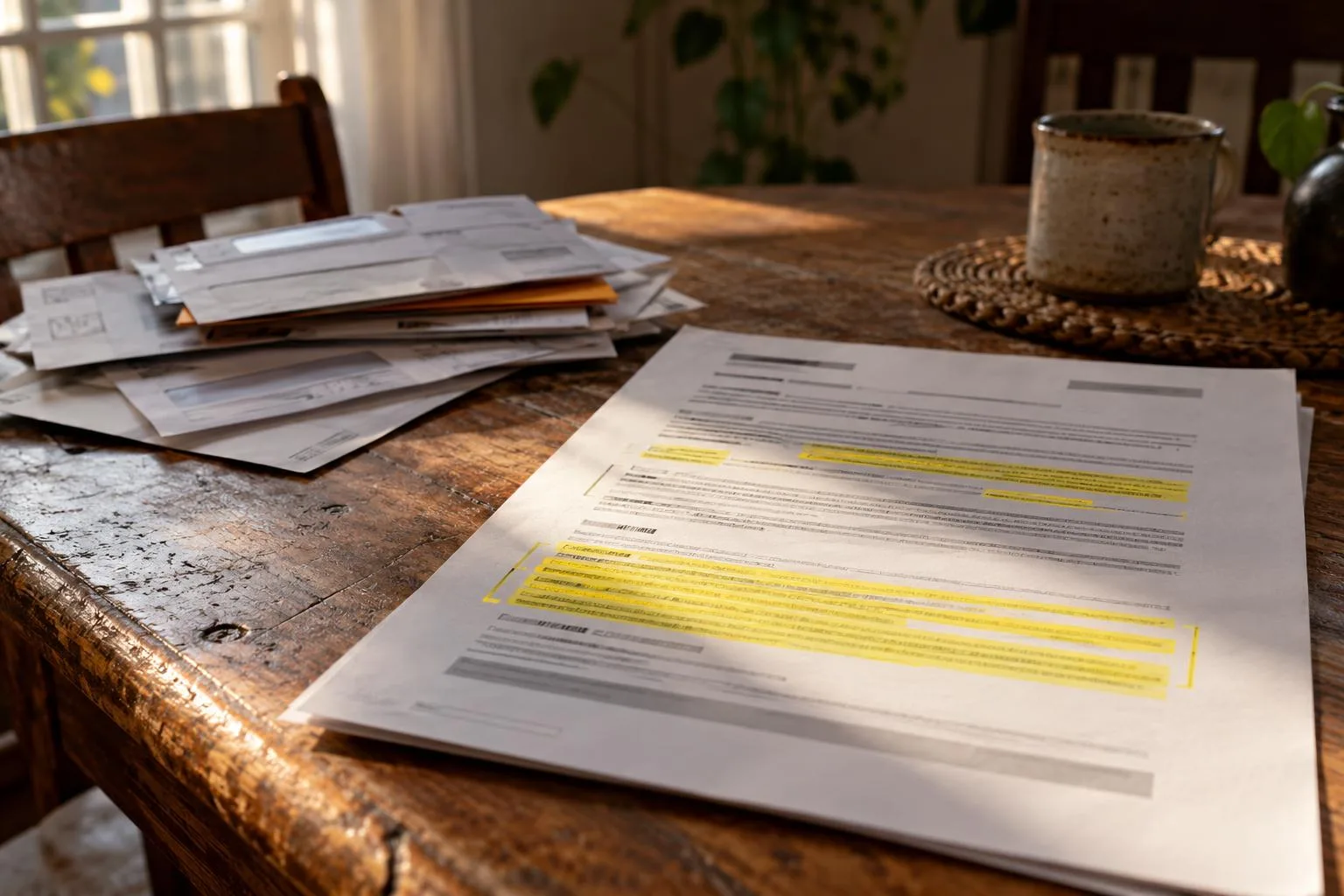 Pre-settlement funding agreement with highlighted repayment terms beside unpaid household bills on a dining table.