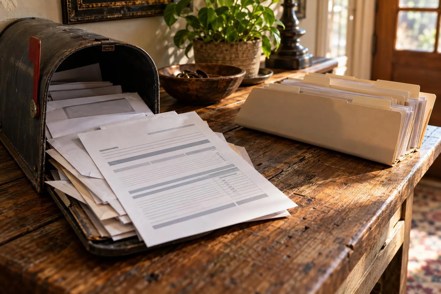 Mailbox containing structured settlement payment paperwork beside a labeled folder marked “Future Installments”.