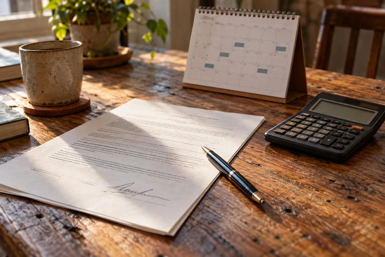Signed settlement agreement beside a calendar showing scheduled annual payments and a calculator on a kitchen table.