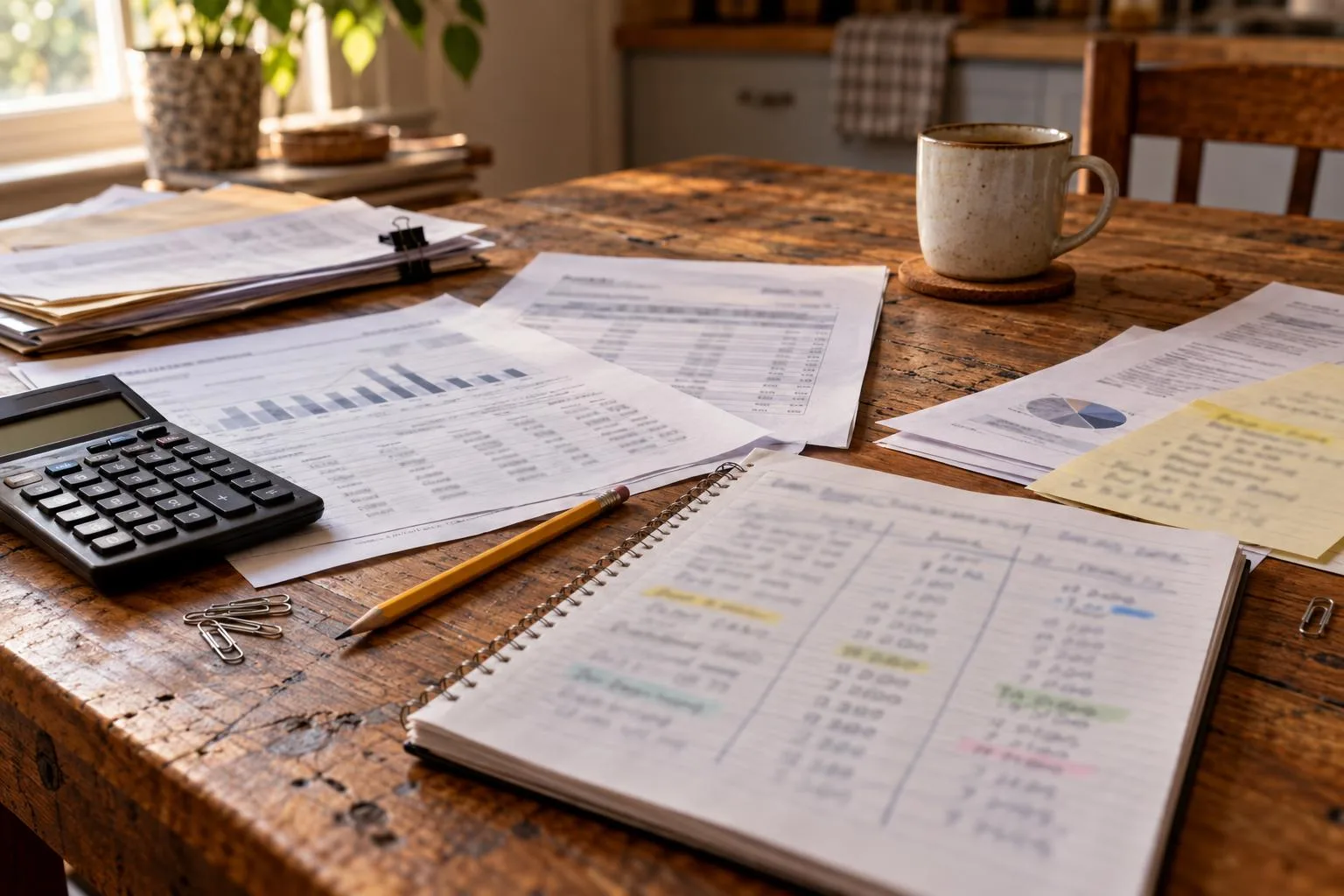 Kitchen table with settlement documents, monthly payment statements, tax notes, and a handwritten payout comparison chart.