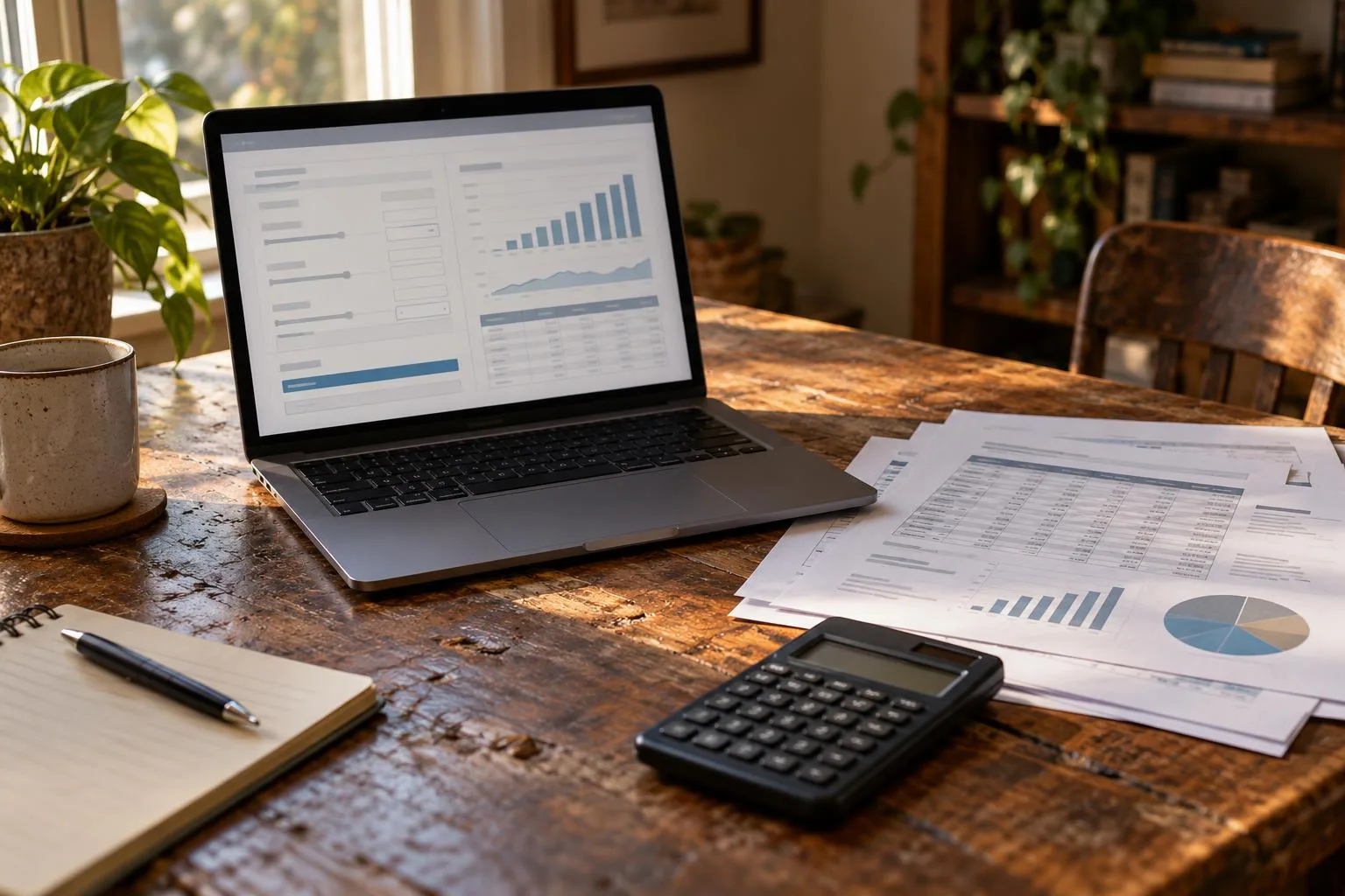 Laptop displaying a structured settlement payout calculator beside printed annuity payment schedules and a calculator.