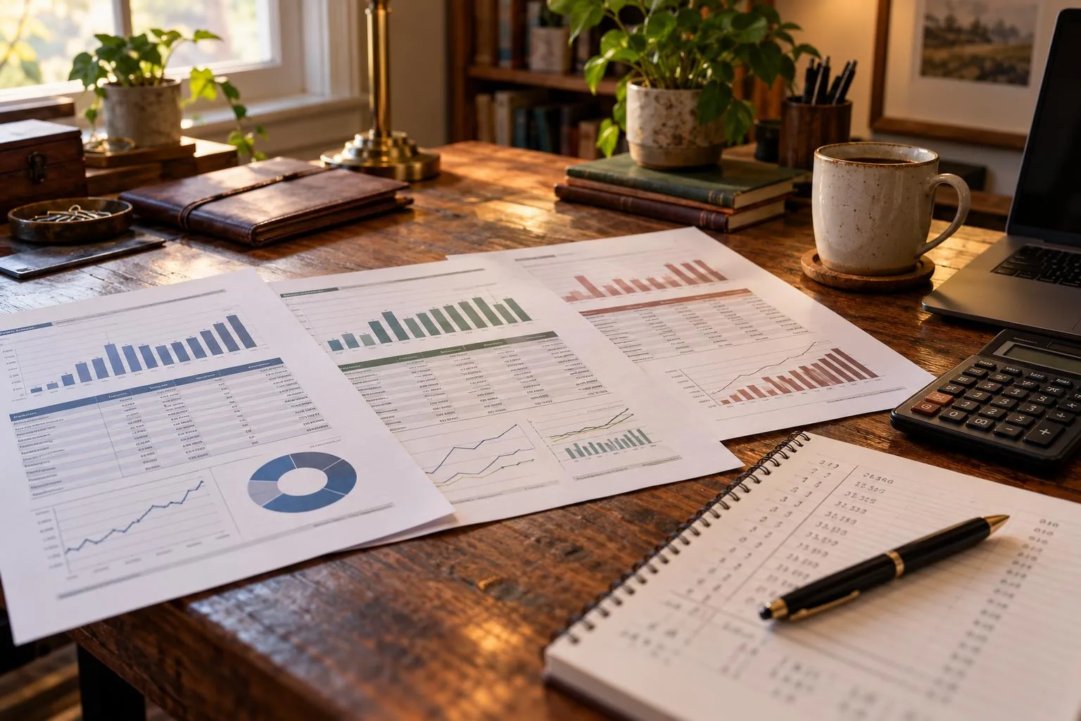 Home office desk displaying competing annuity quote documents, interest-rate notes, and a monthly payment worksheet.