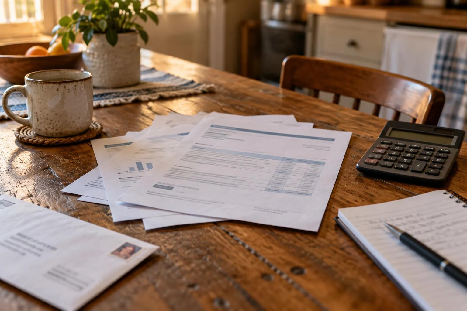 Printed structured settlement quotes beside a calculator, notepad, and stamped envelope on a kitchen table.