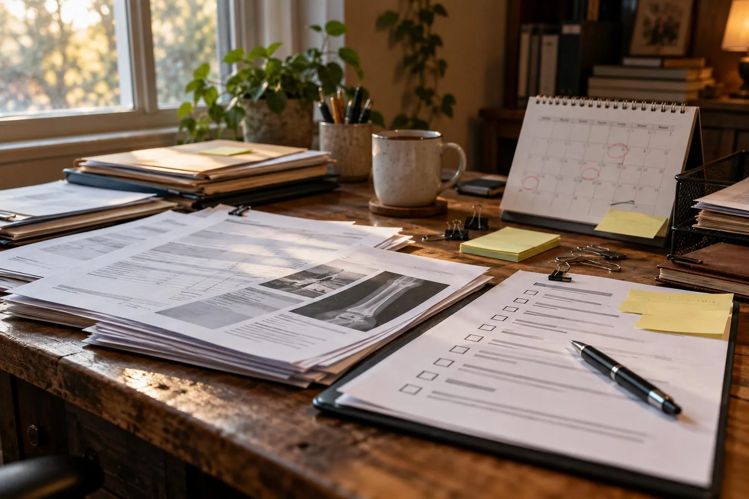 Home office desk displaying adjuster correspondence, injury documentation checklist, and a calendar marked follow-up deadlines.