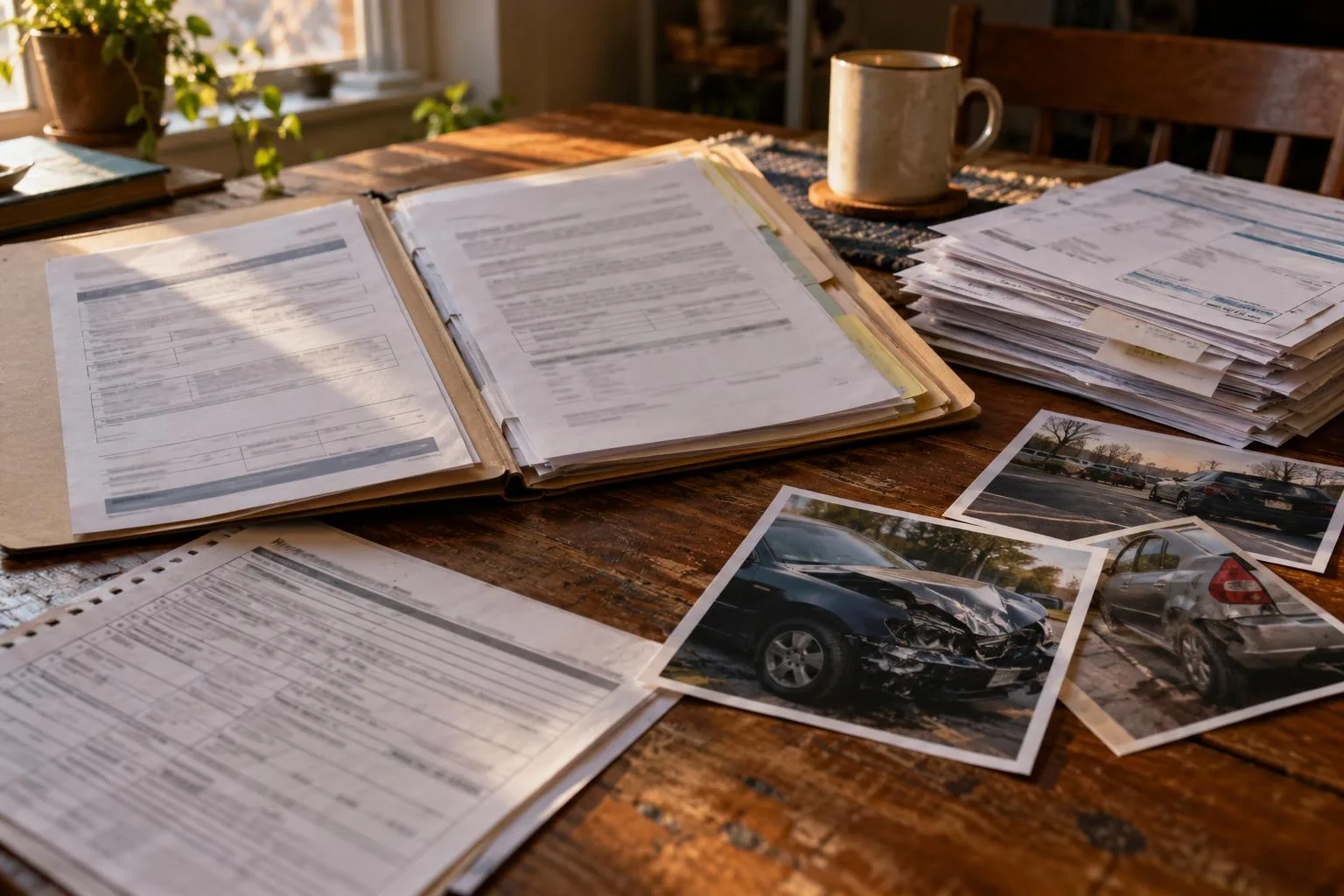 Open insurance claim folder beside medical bills, accident photos, and a dated incident report.