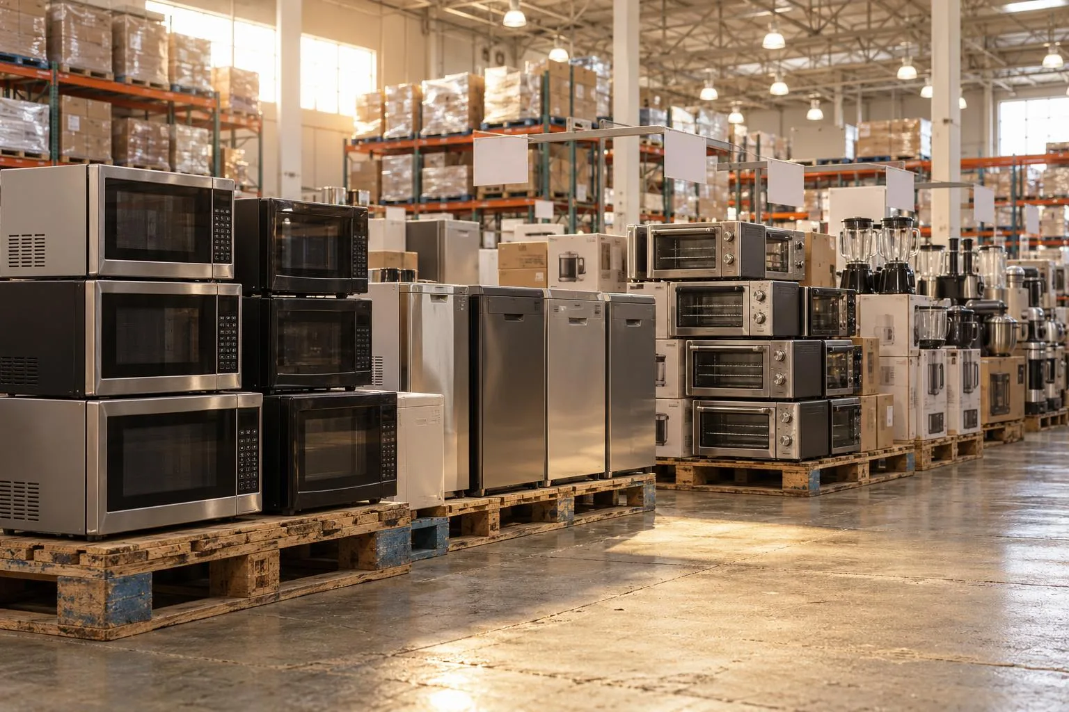 Warehouse club pallet stacked with budget microwaves, dishwashers, and small appliances under bulk pricing signs.