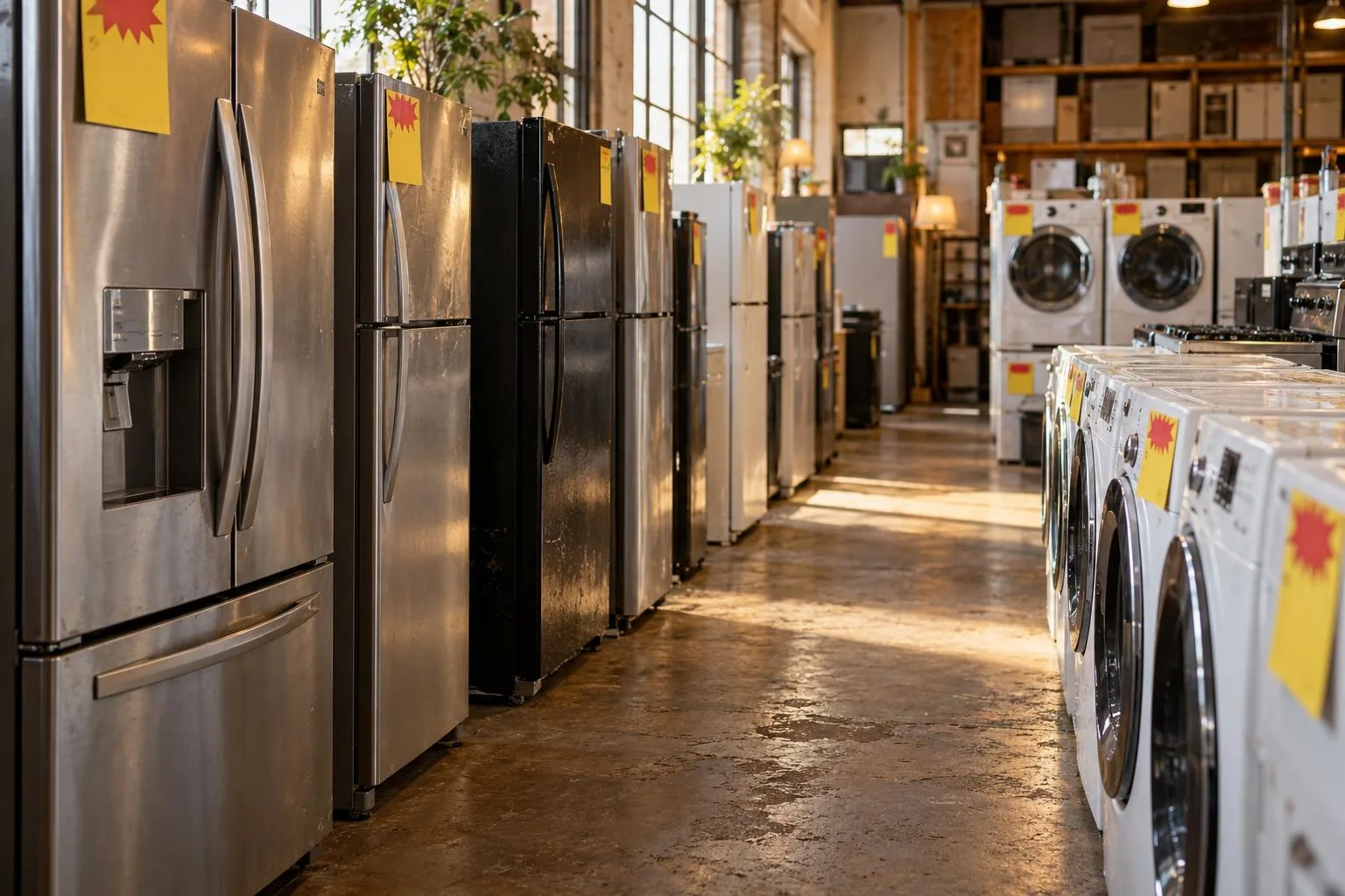 Appliance outlet store aisle displaying discounted refrigerators, washers, dryers, and clearance price tags.